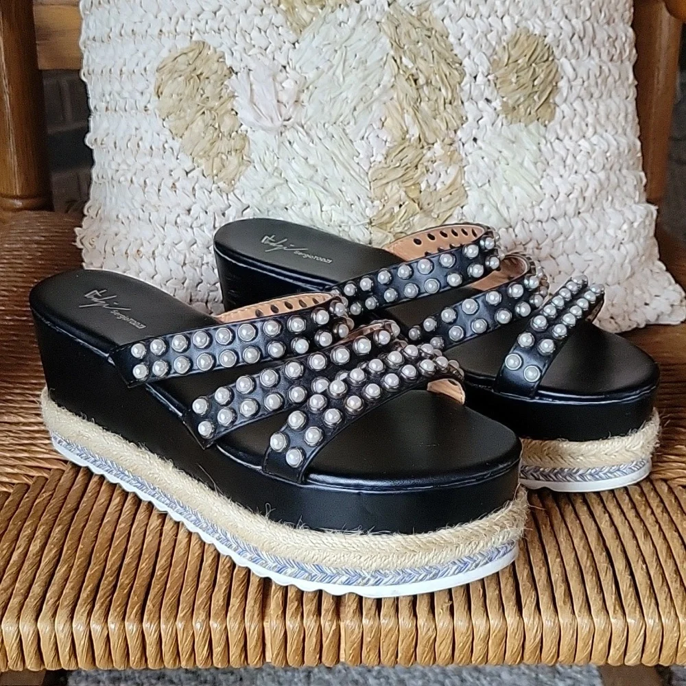 Sergio Todzi, jeweled pearl, espadrille, platform, wedge, size 40EU 9.5 US